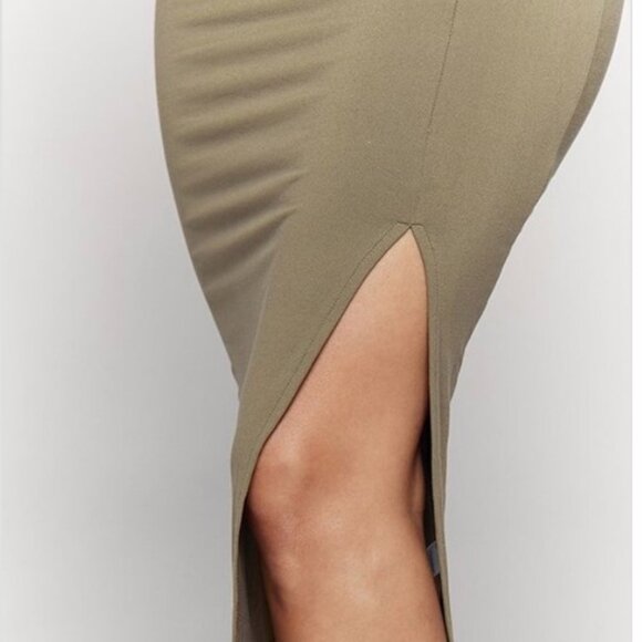 Heart & Hips Olive Fitted Bodycon Knit High Waist Pencil Side Slit Midi Skirt - Picture 2 of 5
